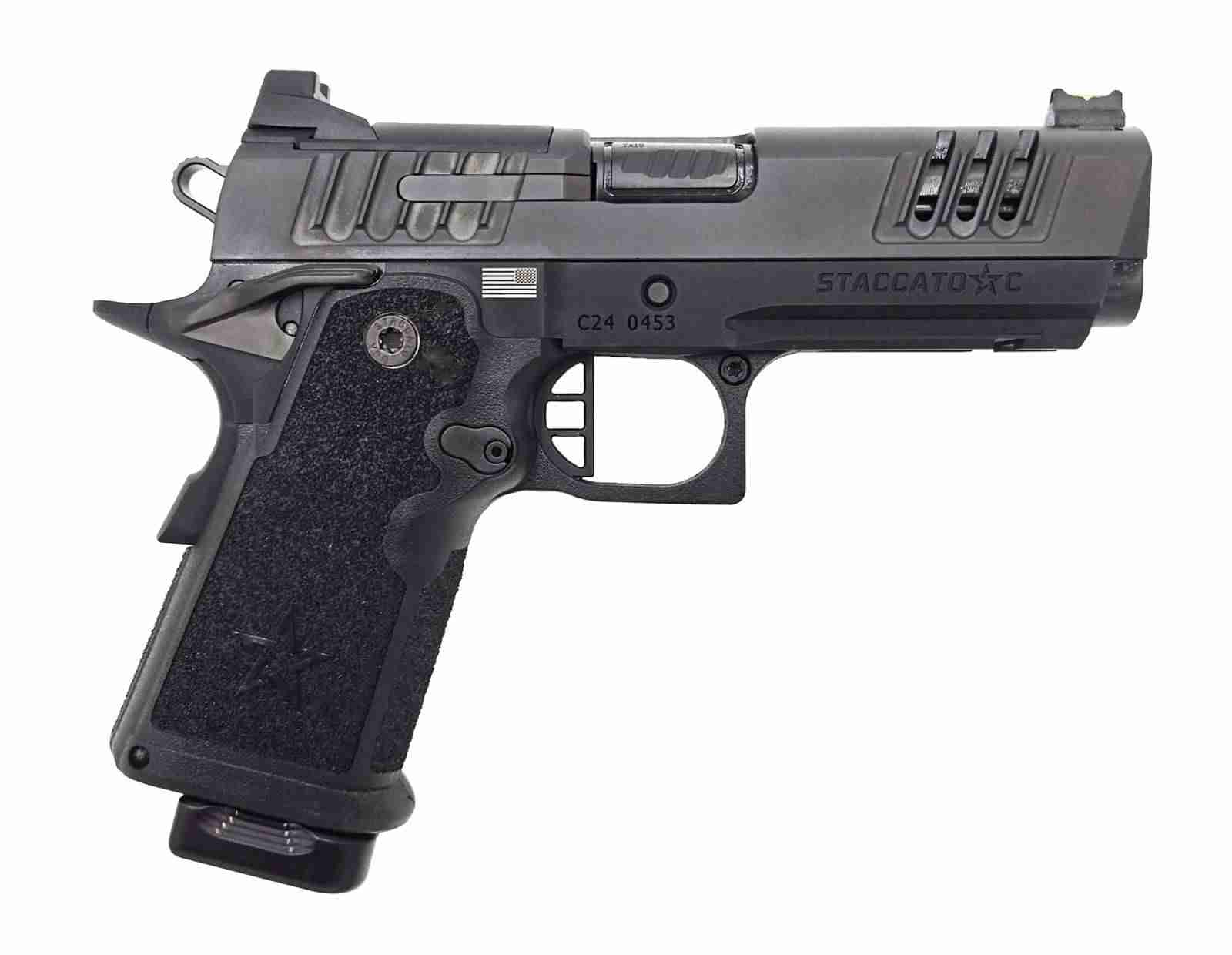 Staccato 2011 C, 9mm, 4" DLC Bull Barrel, 2- 15rd Magazines, AL Frame, Optics Cut, DLC Slide w/ X Serrations, Tac Texture Grip, Pistol