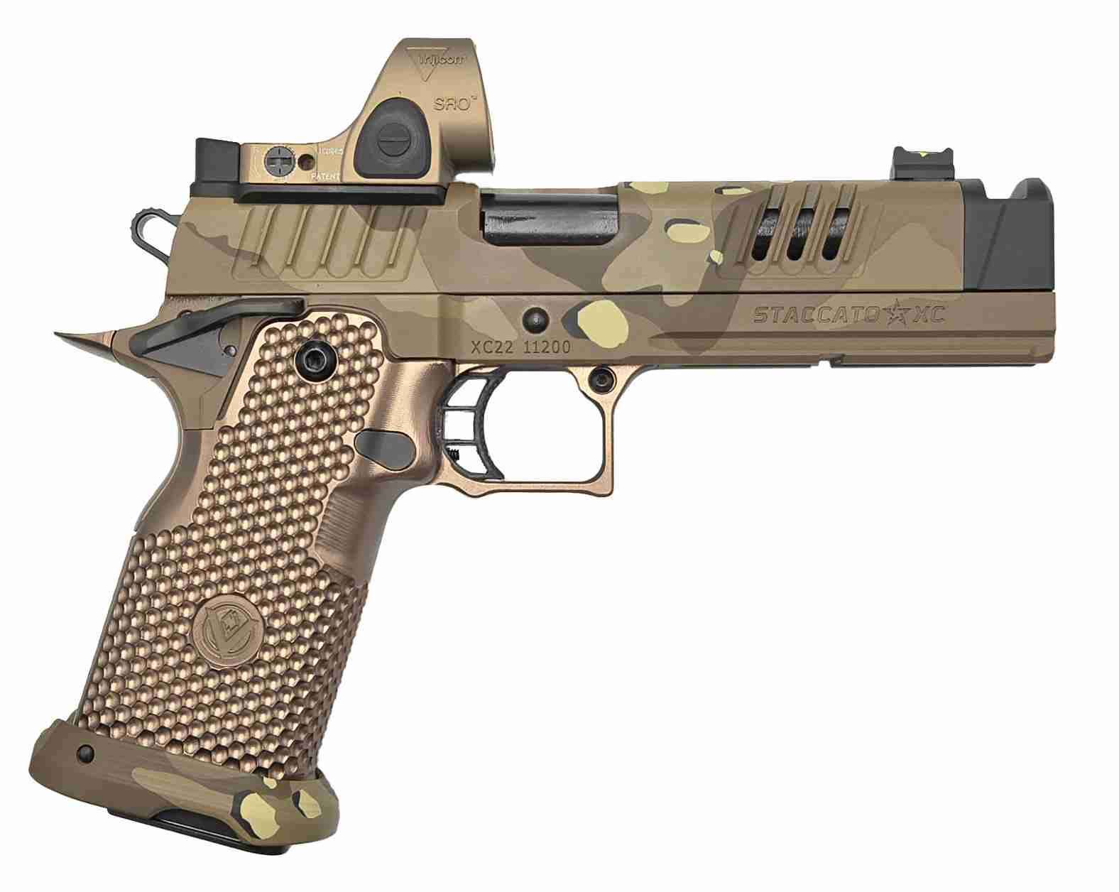 Vulcan Staccato 2011 Stacchocolate Chip XCookie FDE Ano Aluminum Grip Tan Trijicon SRO 9mm, 5" Comp Barrel, 2 Mags, Pistol