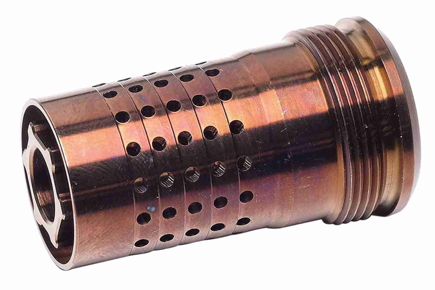 Q Cherry Bomb, 7.62 Bore, Muzzle Brake, 1/2"-28 Thread Pitch, Copper, 17-4 Stainless Steel