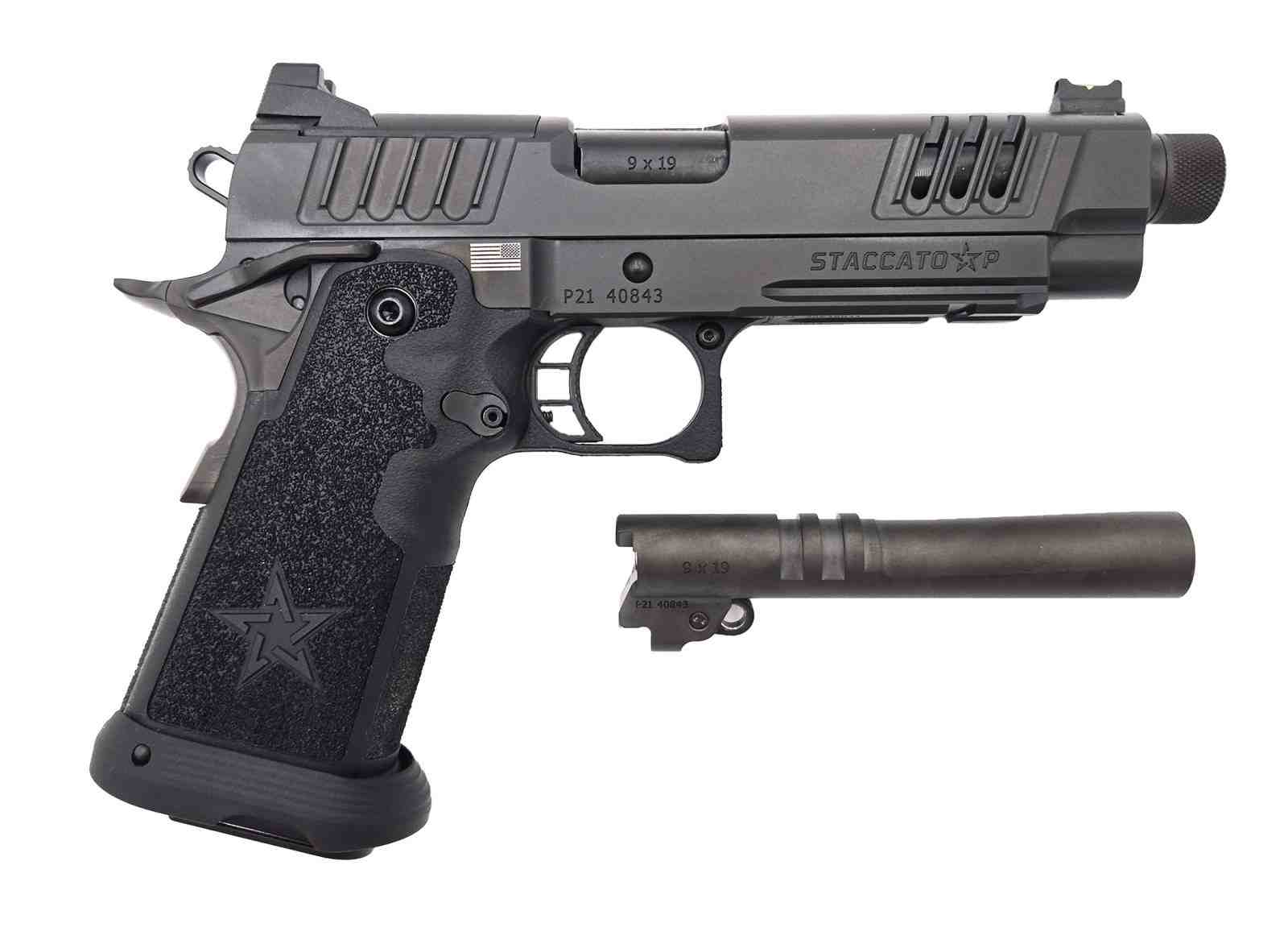 STACCATO 2011 P OPTIC READY CS FRAME 9MM 4.4" DLC BULL W/ EXTRA THREADED BARREL TAC TEXTURE X SERIES SERRATIONS