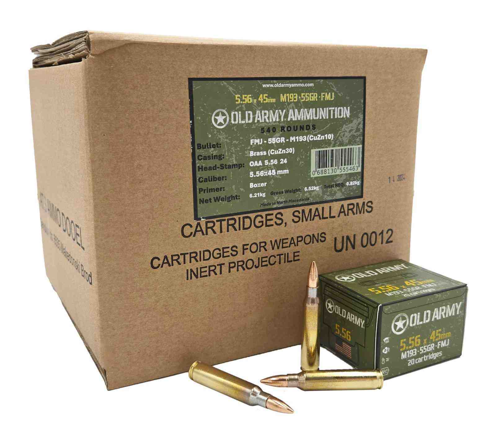 Old Army M193 5.56x45mm 55gr Centerfire Brass Rifle Ammunition 540rd Box