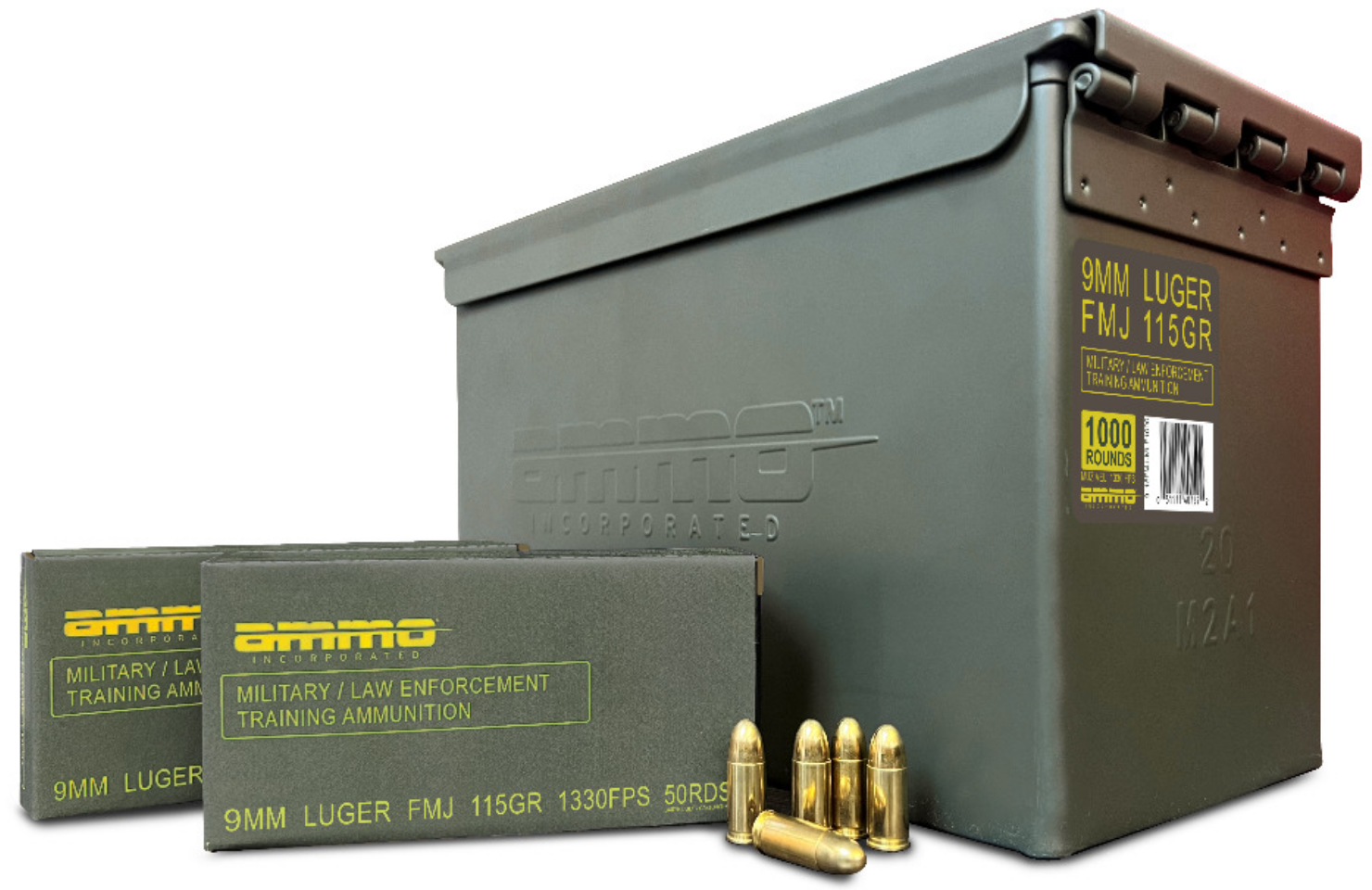 Ammo Inc Military and Law Enforcement 9mm Luger Handgun Ammo, 115 Grain, FMJ, 1000 rounds with ammo can - $249.99 w Free Shipping