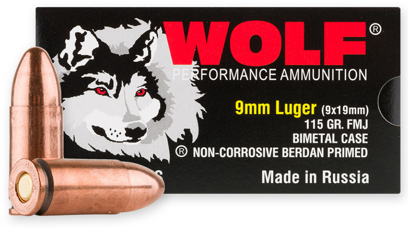 Wolf N919FMJ BiMetal Steel 9mm Luger 115 gr Full Metal Jacket (FMJ) Ammunition 50rd BOX