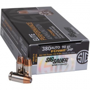 Sig Sauer E380A150 Elite V-Crown  380 ACP 90 gr Jacketed Hollow Point (JHP) 50rds/Bx