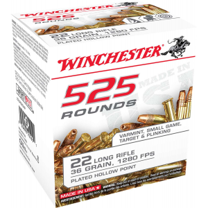 Winchester Ammo 22LR525HP USA  22 LR 36 gr Copper Plated Hollow Point (CPHP) 525 Can/ 10 Cs