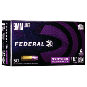 Federal AE9SJ3 Syntech Match 9mm Luger 147 gr Total Syntech Jacket Flat Nose (TSJFN) 50 Bx/ 10 Cs