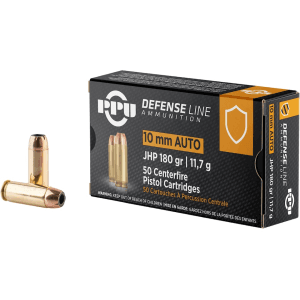 PPU Defense 10mm Auto Ammo 180 Grain Jacketed Hollow Point Box of 50