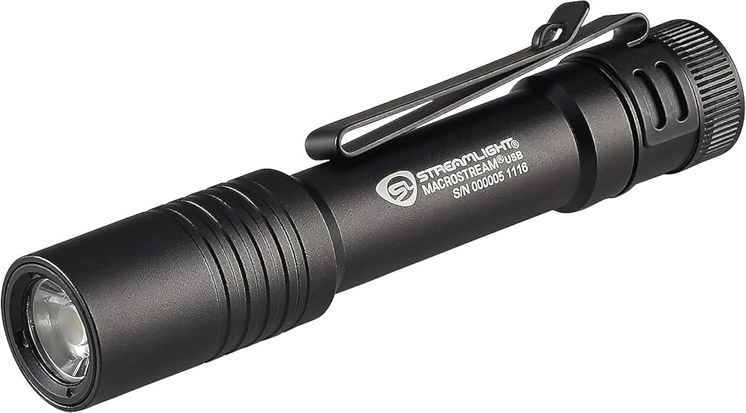 Streamlight 66320 MacroStream USB 500-Lumen Rechargeable Compact Flashlight with Wrist Lanyard, Hat Clip and USB Cord, Black