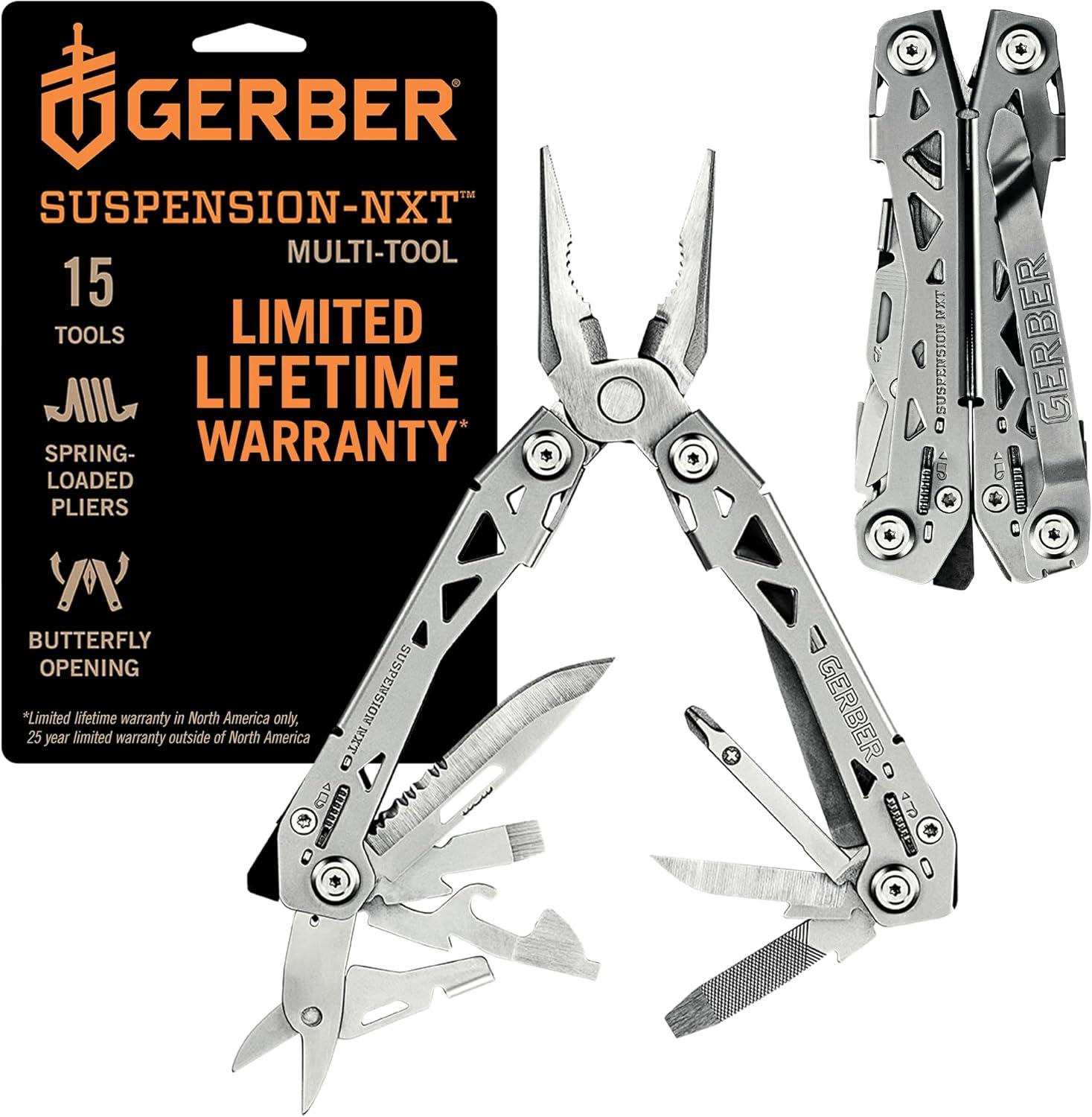 Gerber Multitool Suspension-NXT 15-in-1 EDC Pocket Knife Set with Wire Stripper, Needle Nose Pliers, and Pocket Clip, Gifts for Men, Stainless Steel