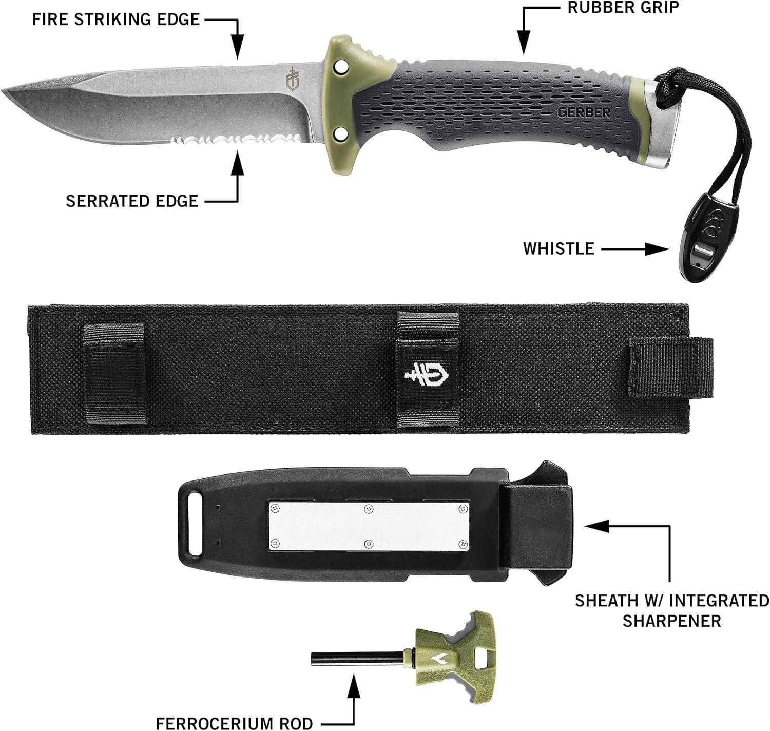 Gerber Gear Ultimate Survival Knife - Fixed Blade Knife with Fire Starter, Sharpener, and Emergency Whistle Knife Sheath - 4.75” Stainless Steel Blade,Grey 