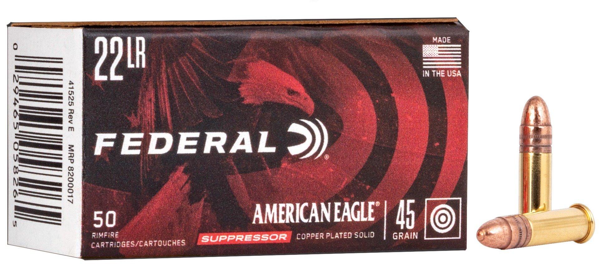 American Eagle 22 Long Rifle 45gr Copper Plated "Suppressor" Ammunition 50rds - AE22SUP1 by Federal - Product Image