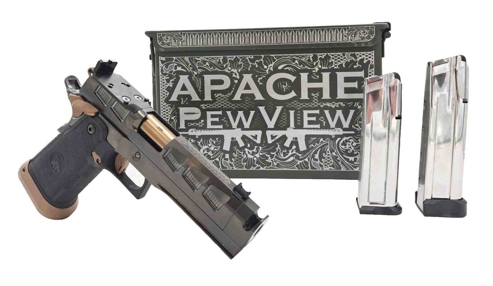 WATCHTOWER APACHE PEW VIEW LIMITED EDITION DOUBLE STACKED 1911, 4.6" 9MM w/ COMP, 1-17RD, 1-21RD MAG, PISTOL $3,699.99 w free overnight shipping