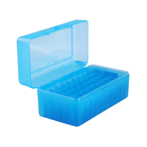 MTM Flip Top Ammo Box 7mm Winchester Short Magnum (WSM), 300 Winchester Short Magnum (WSM), 45-70 Government 50-Round Plastic Clear Blue
