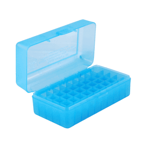 MTM Flip Top Ammo Box 223 WSSM, 243 WSSM, 500 S&W Magnum 50-Round Plastic Clear Blue