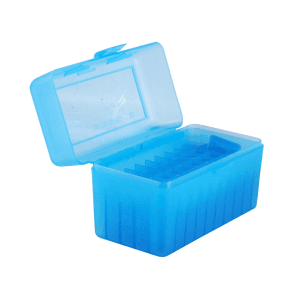 MTM Flip Top Ammo Box 25-06 Remington, 270 Winchester, 30-06 Springfield 50-Round Plastic Clear Blue