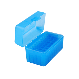 MTM Flip Top Ammo Box 17 Remington, 204 Ruger, 223 Remington 50-Round Plastic Clear Blue