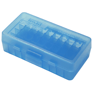 MTM Flip Top Ammo Box 380 ACP, 9mm Luger 50-Round Plastic Clear Blue