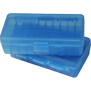 MTM Flip Top Ammo Box 41 Remington Magnum, 44 Remington Magnum, 45 Colt (Long Colt) 50-Round Plastic Clear Blue