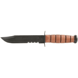 KA-BAR USMC Fighting Fixed Blade Knife 7" Partially Serrated Clip Point 1095 Cro-Van Black Powder Coat Blade Stacked Leather Handle Black/Brown