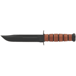 KA-BAR USMC Fighting Fixed Blade Knife 7" Clip Point 1095 Cro-Van Black Powder Coat Blade Stacked Leather Handle Black/Brown