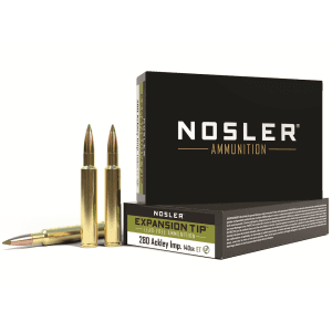 Nosler E-Tip 280 Remington Ackley Improved 40-Degree Shoulder Ammo 140 Grain Nosler Expansion Tip (E-Tip) Polymer Tip Lead Free Box of 20
