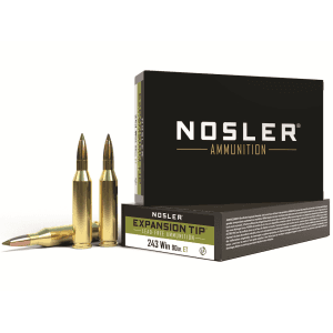 Nosler E-Tip 243 Winchester Ammo 90 Grain Nosler Expansion Tip (E-Tip) Polymer Tip Lead Free Box of 20