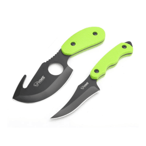 HME 2 Piece Skinning Knife Set Black 420HC Stainless Steel Blades TPR Handles Green