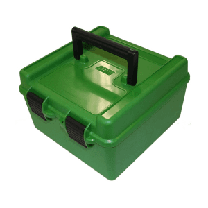 MTM Deluxe Flip Top Ammo Box with Handle 22-250 Remington to 375 H&H Magnum 100-Round Plastic Green
