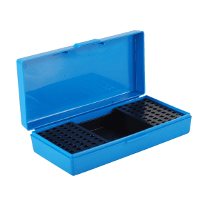 MTM Flip Top Ammo Box 22 Long Rifle, 22 Winchester Magnum Rimfire (WMR) 100-Round Plus Box Storage Plastic Blue