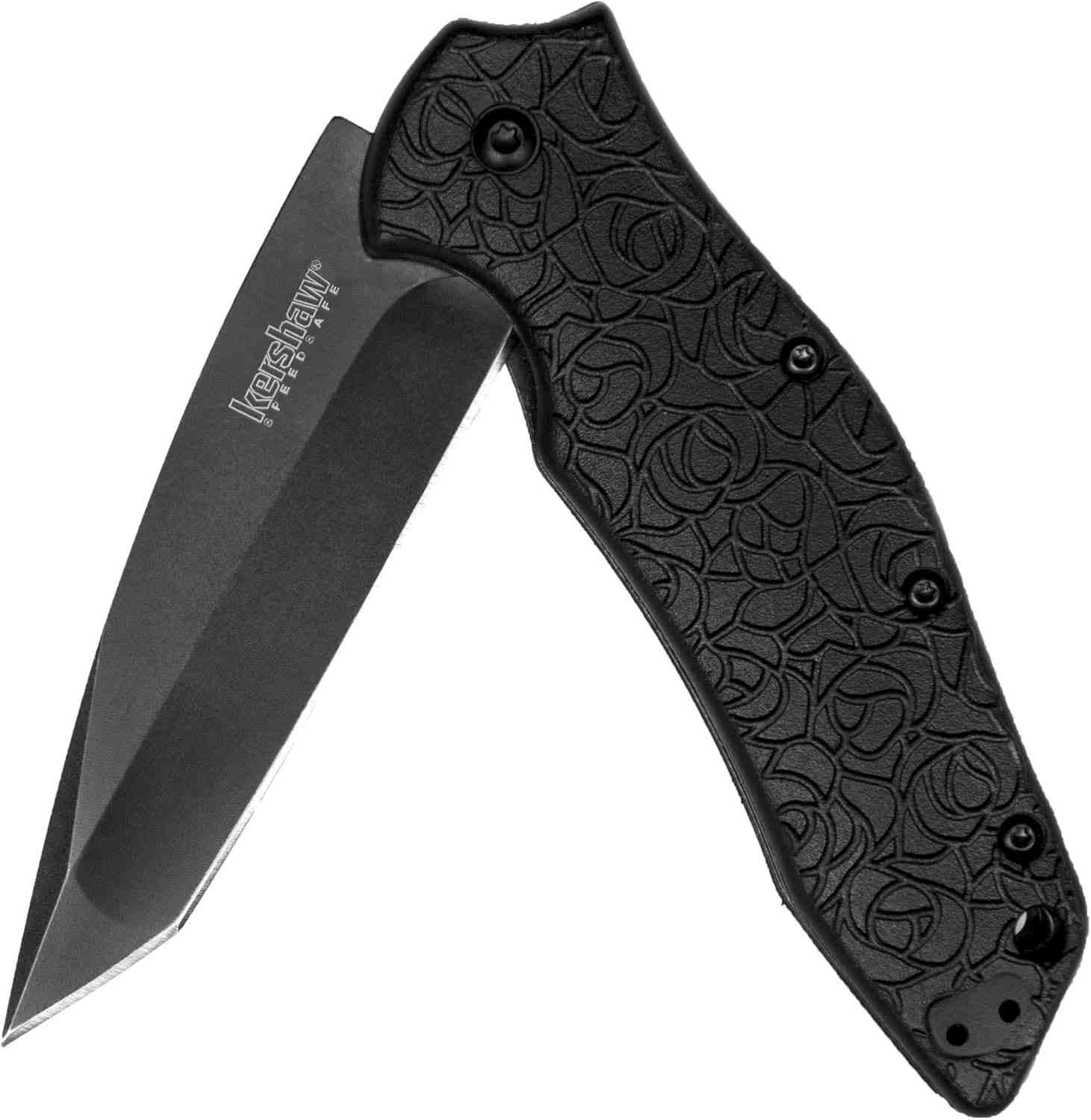 Kershaw Kuro Tanto Black Serrated Pocket Knife, 3.1” Steel Blade with Assisted Opening, Glass-Filled Nylon Handle with Deep-Carry Pocketclip, Small Folding Knife