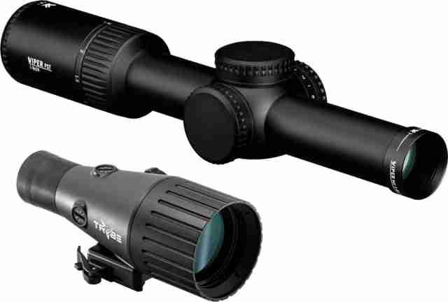 Vortex Viper PST Gen II 1-6x24mm Rifle Scope, 30mm Tube, Second Focal Plane, Red VMR-2 MOA Reticle and TRYBE Optics Enhancer Rifle Scope Magnification Quadrupler