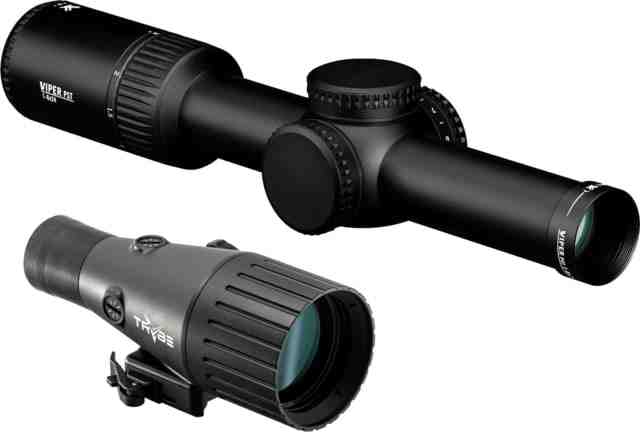 Vortex Viper PST Gen II 1-6x24mm Rifle Scope, 30mm Tube, Second Focal Plane, Red VMR-2 MOA Reticle and TRYBE Optics Enhancer Rifle Scope Magnification Quadrupler