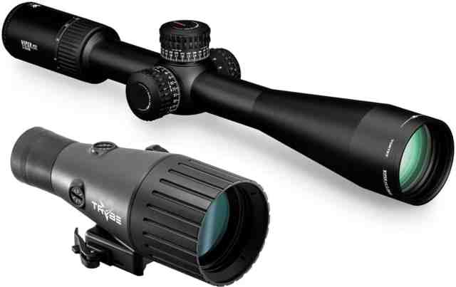 Vortex Viper PST Gen II 5-25x50mm Rifle Scope, 30mm Tube, First Focal Plane, Red EBR-7C MOA Reticle and TRYBE Optics Enhancer Rifle Scope Magnification Quadrupler