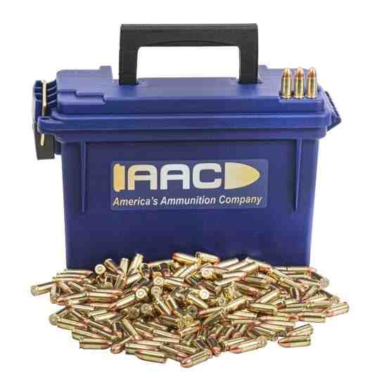 AAC 9mm Ammo 115 Grain FMJ 500rd With AAC Blue 30 Cal Ammo Can