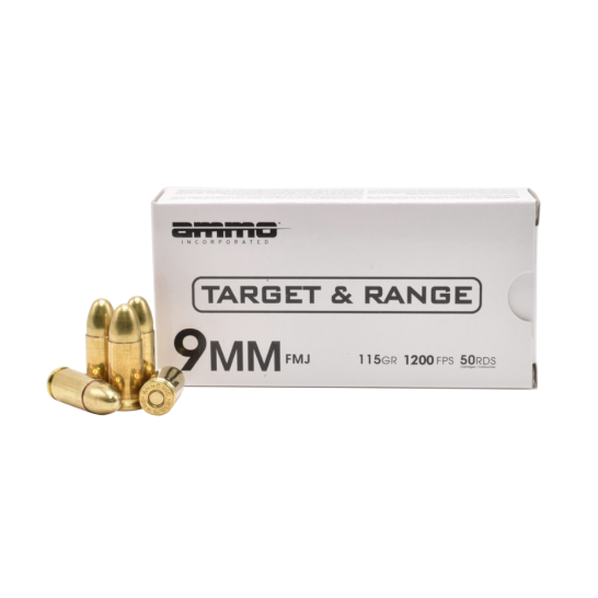 Ammo Inc Target and Range 9mm 115 gr FMJ 50rds Handgun Ammo for Reliable Practice