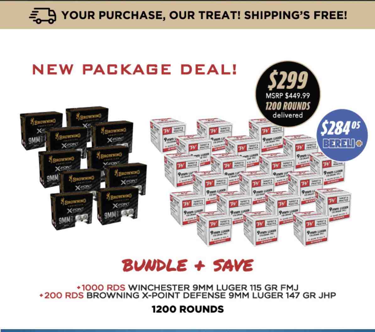 WINCHESTER 9MM LUGER 115 GRAIN FMJ (1,000 Rounds) + BROWNING X-POINT DEFENSE 9MM LUGER 147 GRAIN JHP (200 Rounds) - $299 w Free Shipping