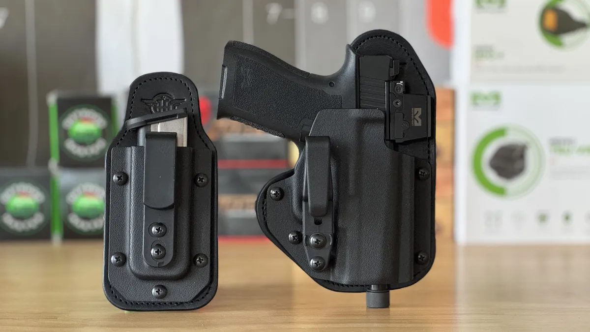 Hidden Hybrid Holster on a leather belt—Amish leather backer and molded Kydex shell